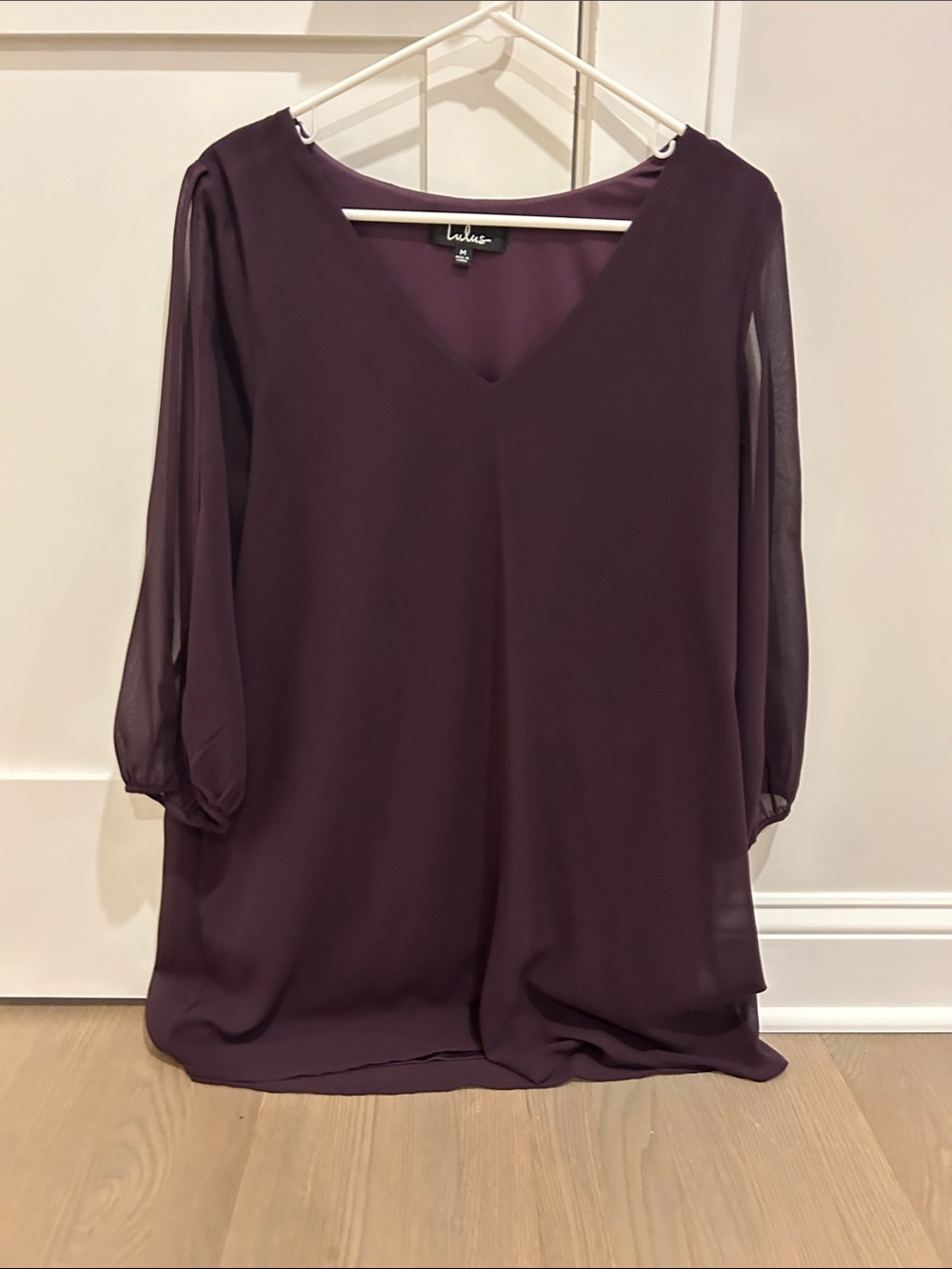 Lulu's Deep Plum V-Neck Sheer Sleeve Blouse